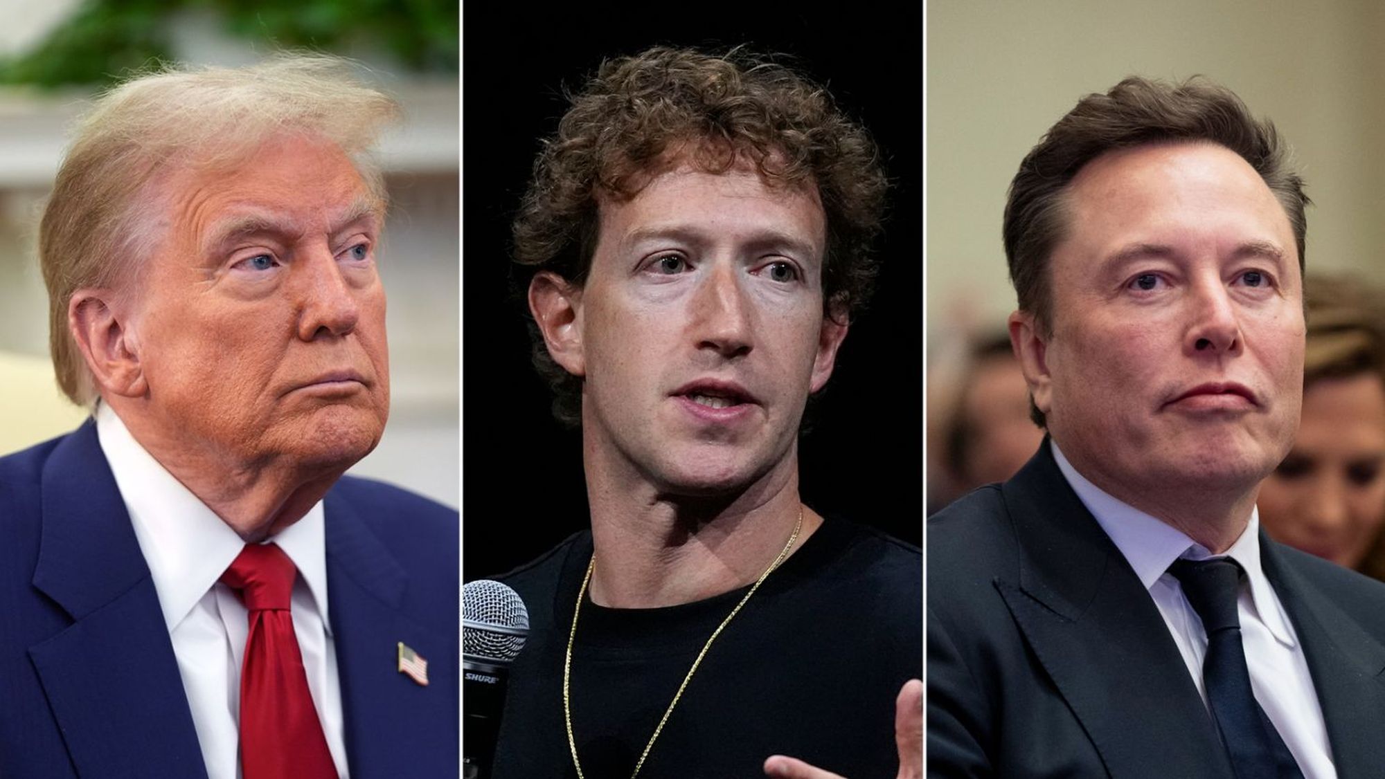 US President Donald Trump, Mark Zuckerberg and Elon Musk